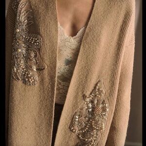 Embellished Open-Front Knit Cardigan - Beige